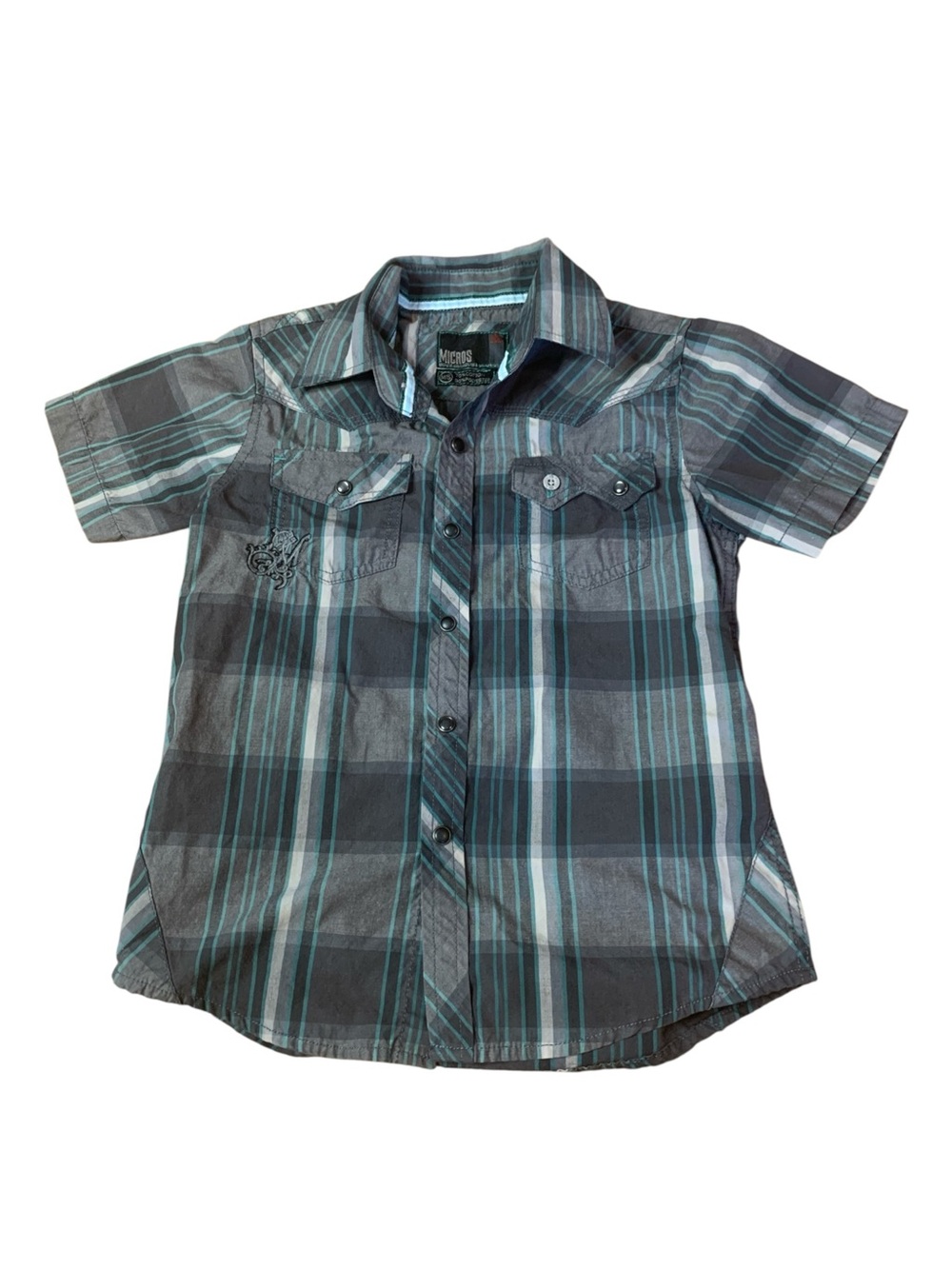 Micros Boys Plaid Button Down Shirt - Grey & Teal - Size 5/M
